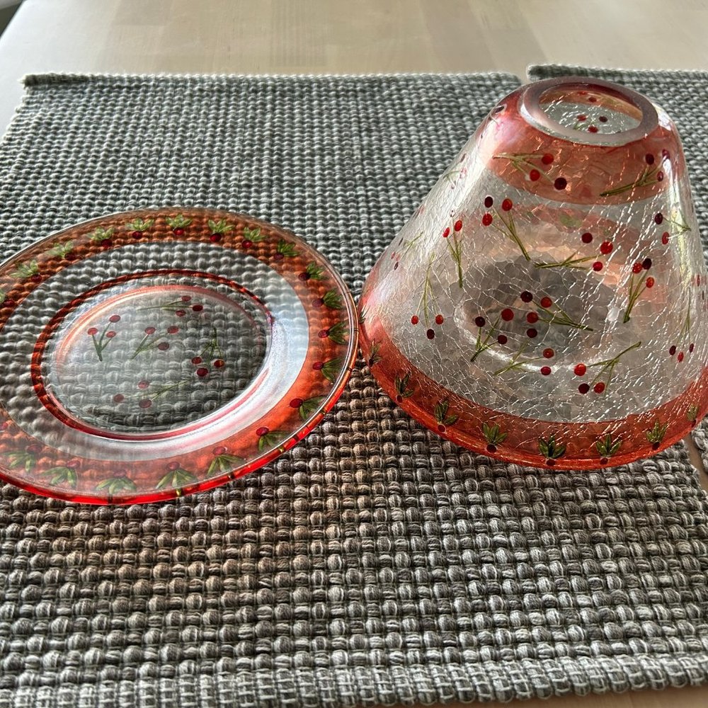 Glass shade and plate Candle Holder with cherry designs
